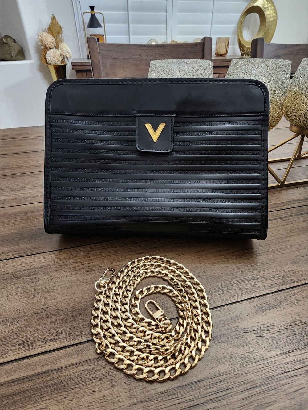 Mario Valentino Classic Black Leather Embossed- Sleek Clutch